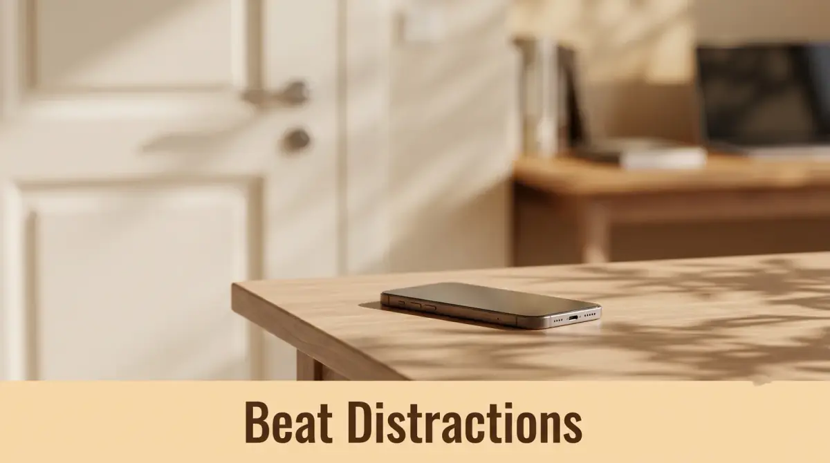 a closed door with a phone left on a table outside it, a focused desk beyond