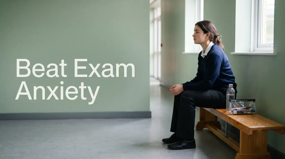 a student sitting alone on a bench in a quiet school corridor
