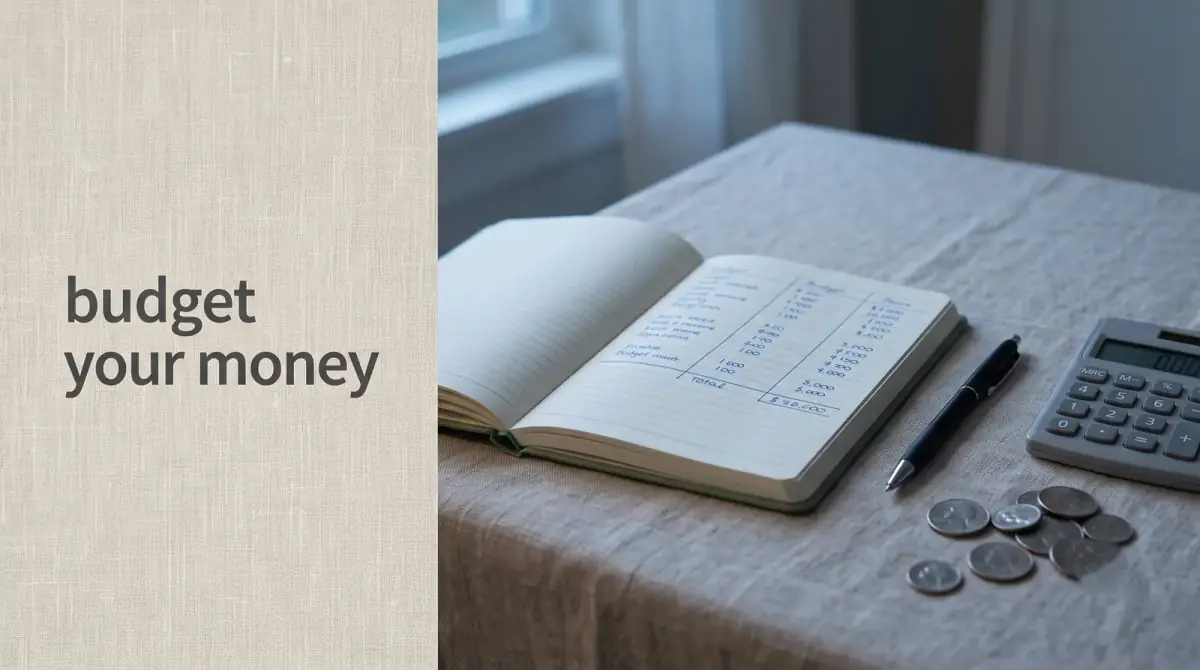 an open notebook with neat handwritten columns, a pen, a calculator and a few coins on a table