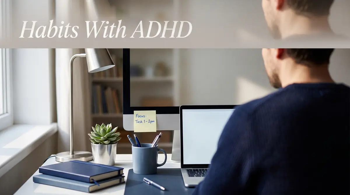 a colorful but tidy desk with a single visible sticky-note reminder