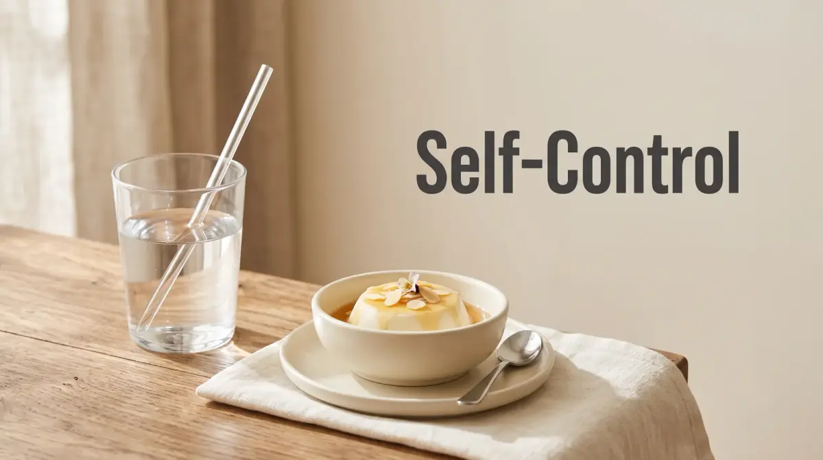 a glass of water chosen beside an untouched dessert on a table, quiet restraint