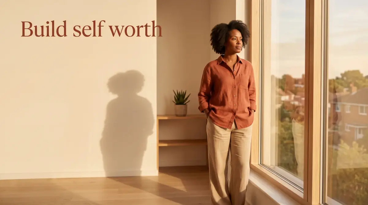 a person standing calmly at a sunlit window, quietly self-assured