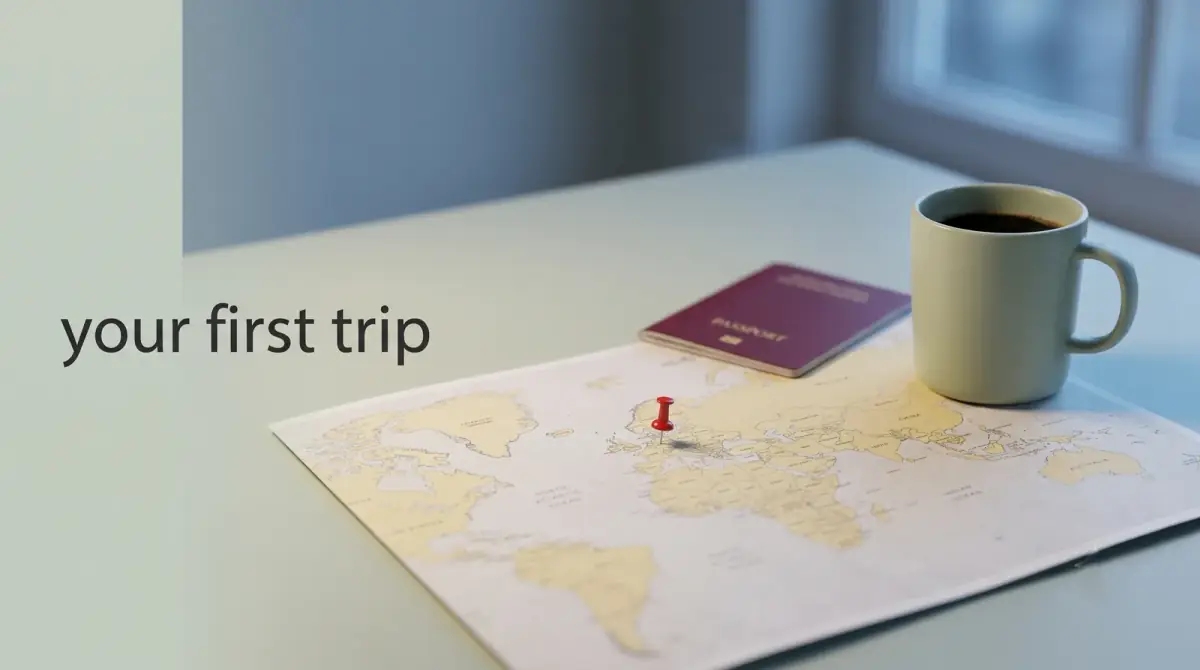 a world map with a single pin, a passport and a coffee on a table
