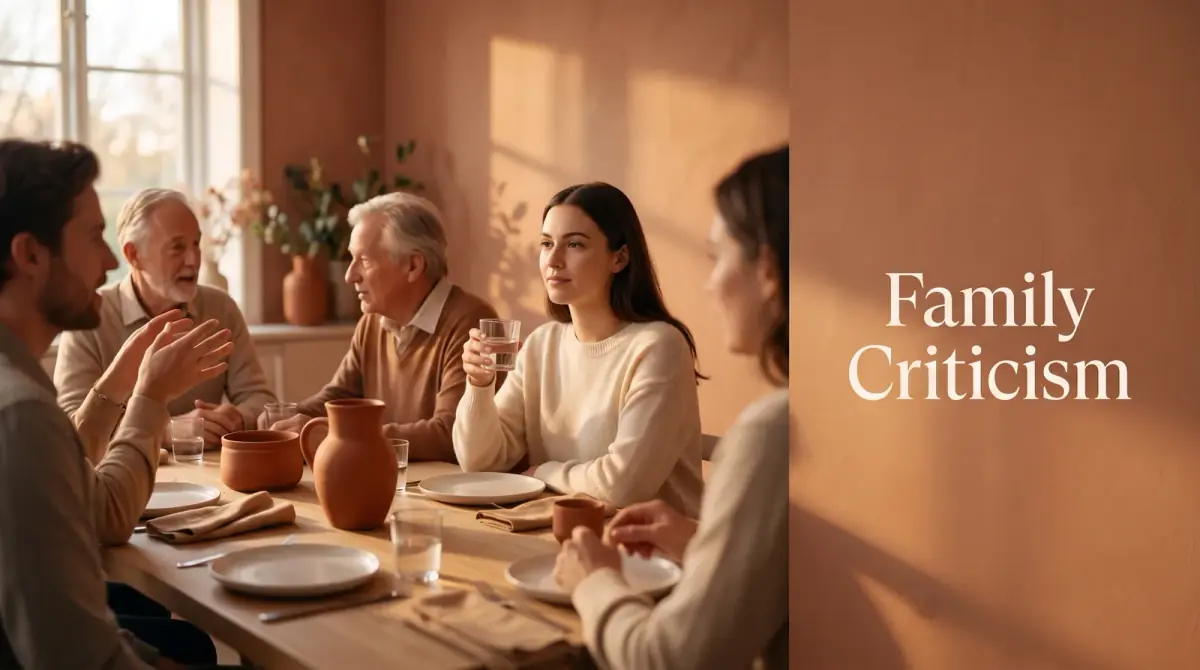 a family dinner table with one person sitting calm amid the conversation