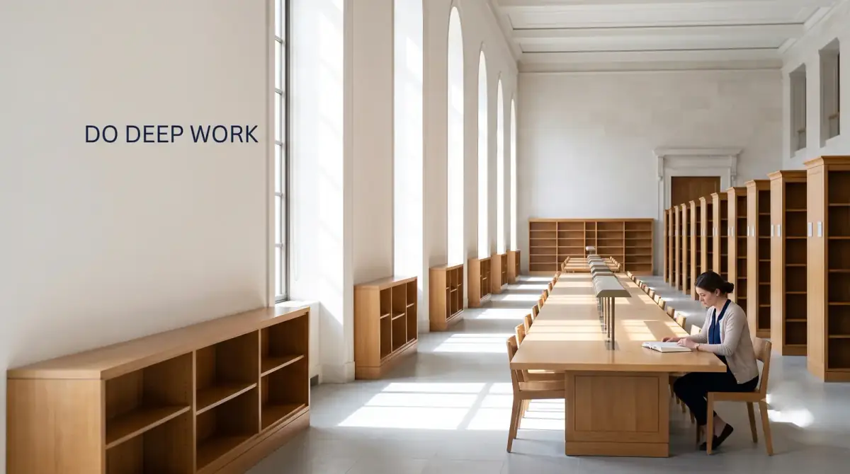 a woman studying alone at a long library reading table