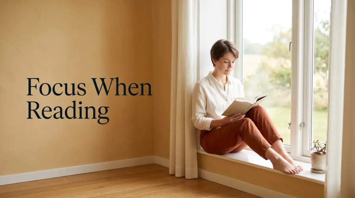 a person reading a physical book by a window, absorbed and quiet