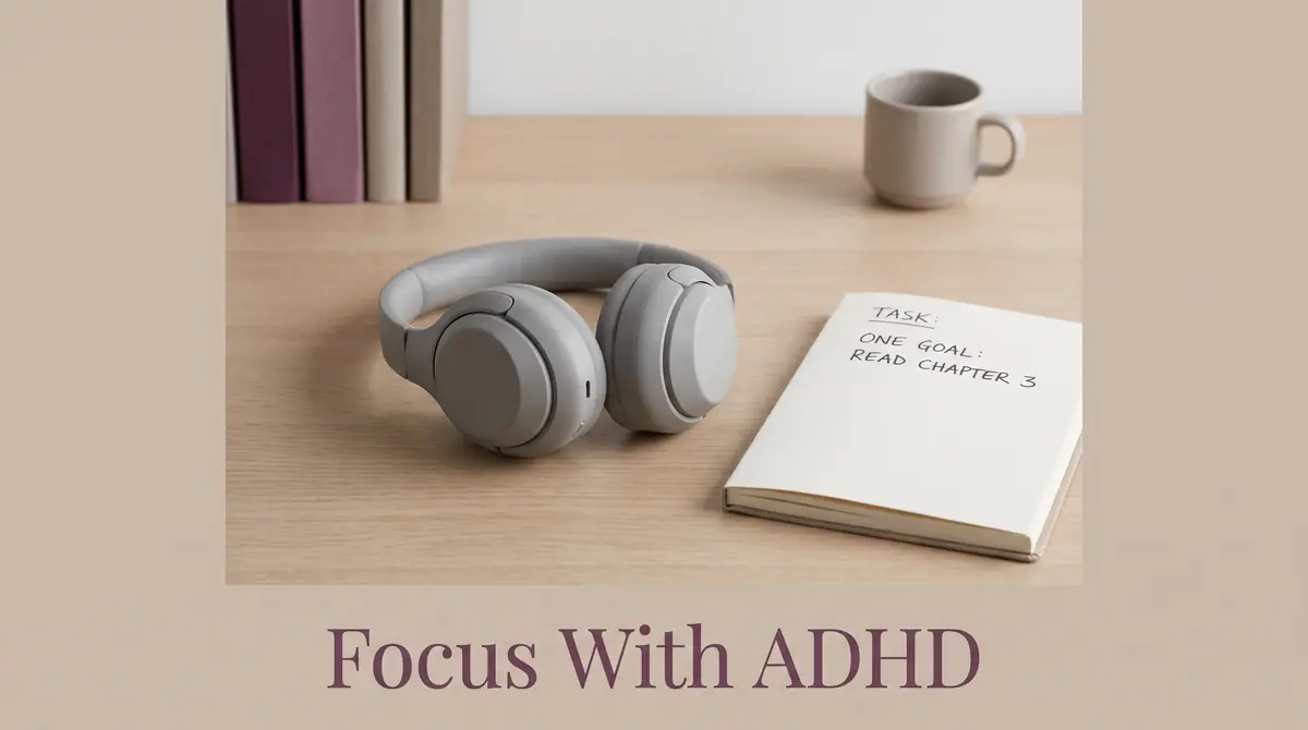 a decluttered desk with noise-cancelling headphones and one task in view