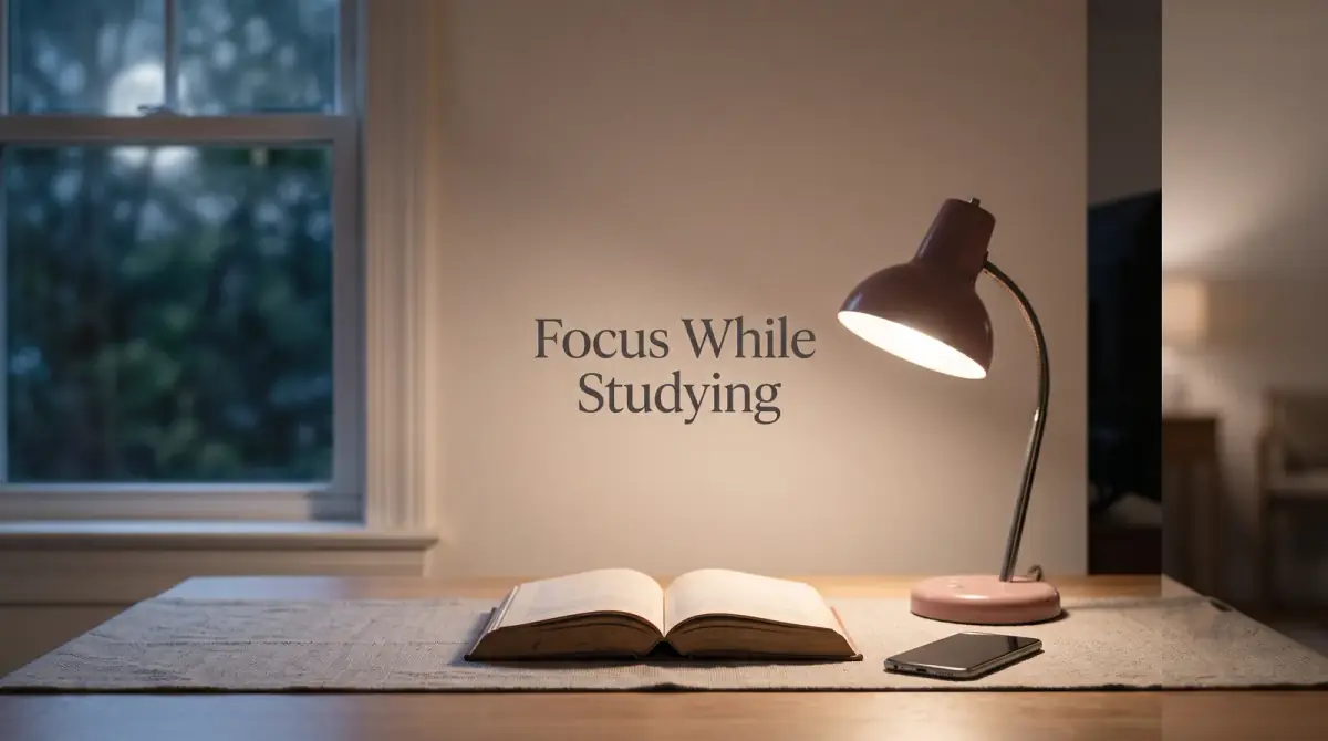 a single book under a lamp with a phone set aside face-down