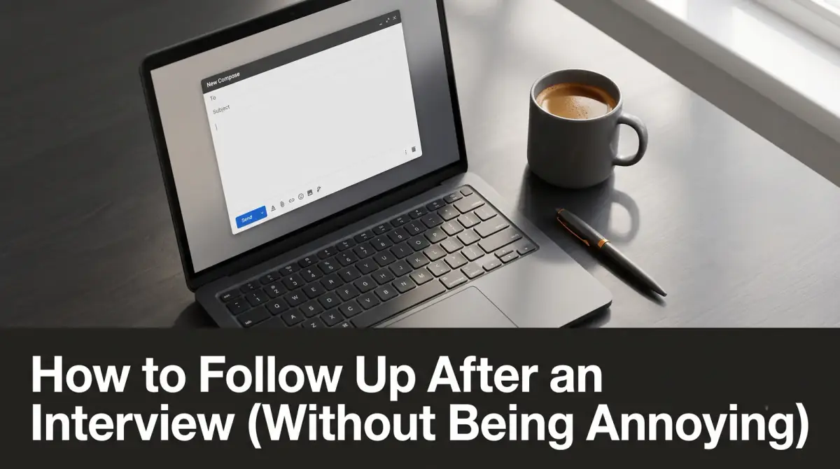 a laptop on a desk showing a blank email draft, a coffee beside it