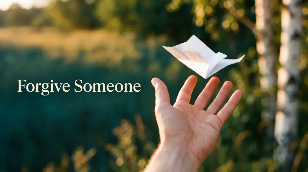 an open hand releasing a small folded paper into a gentle breeze