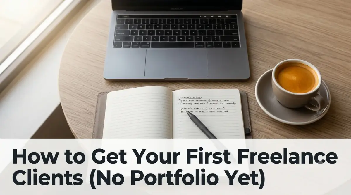 a freelancer's laptop open on a cafe table with a notebook of outreach notes and a coffee