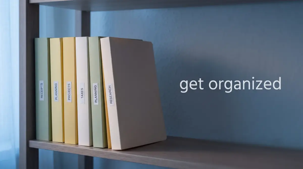 neatly labeled folders on a tidy shelf in soft light
