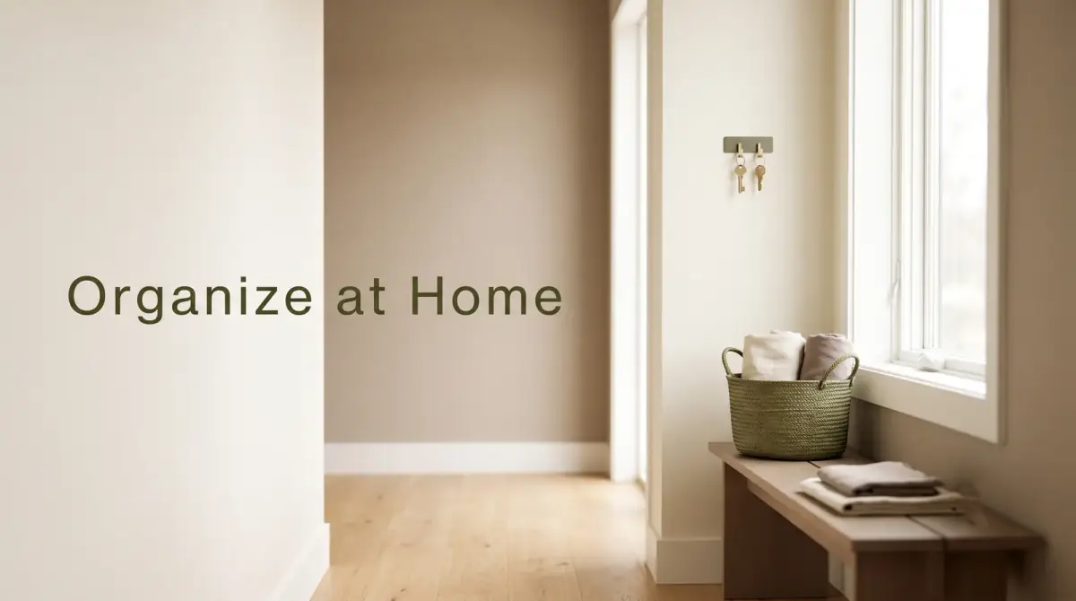 a tidy entryway with a key hook, a basket and a few folded items