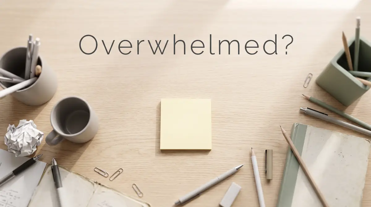 a single sticky note on a cluttered desk with one corner cleared calm