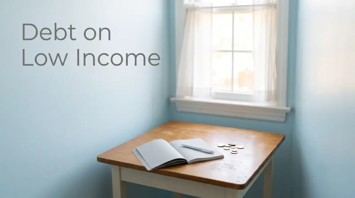 a modest kitchen table with a few coins, an open budget notebook and a pen, warm light