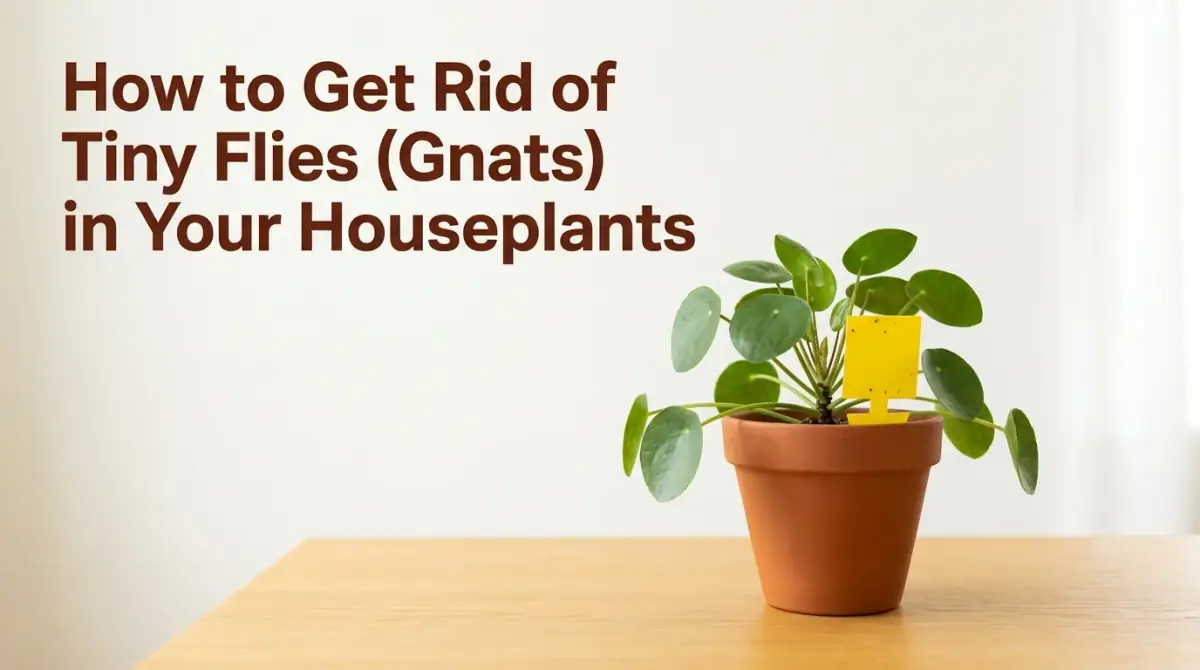 a potted houseplant on a table with a small yellow sticky trap standing in the soil