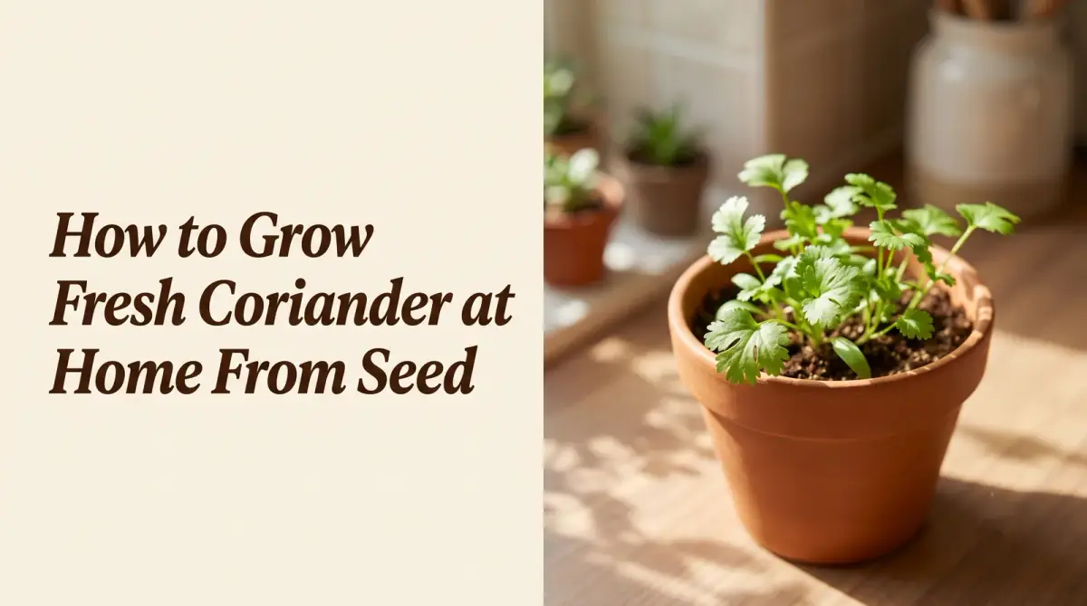a small pot of fresh green coriander growing on a sunny kitchen windowsill