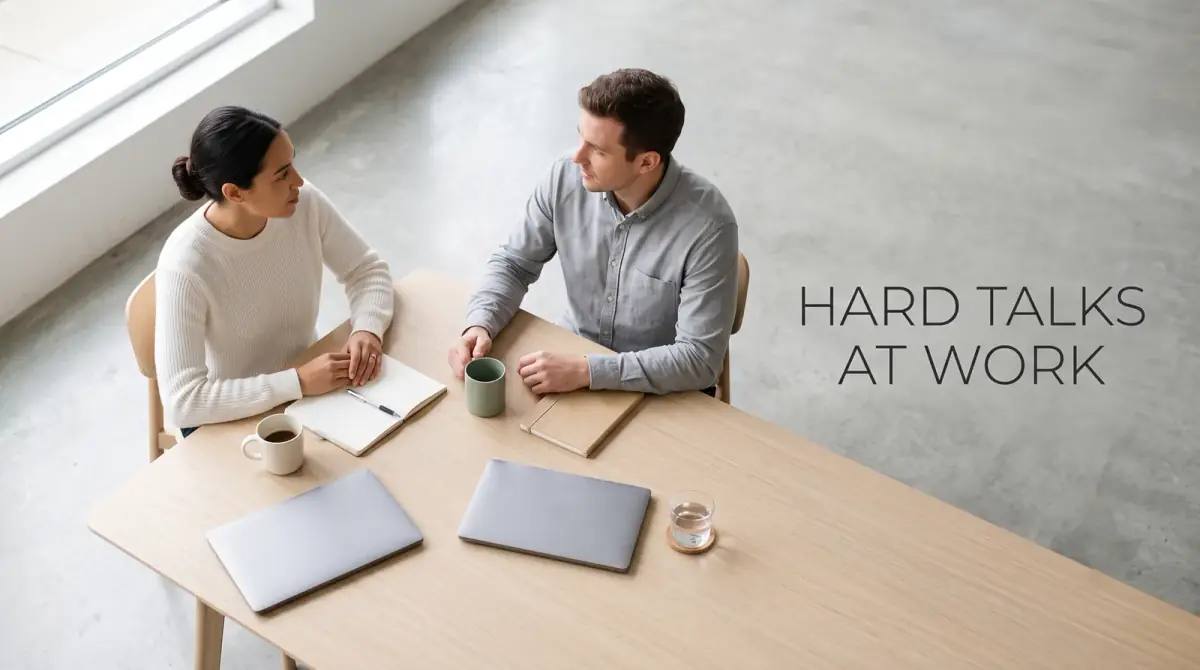two colleagues talking calmly across a meeting-room table