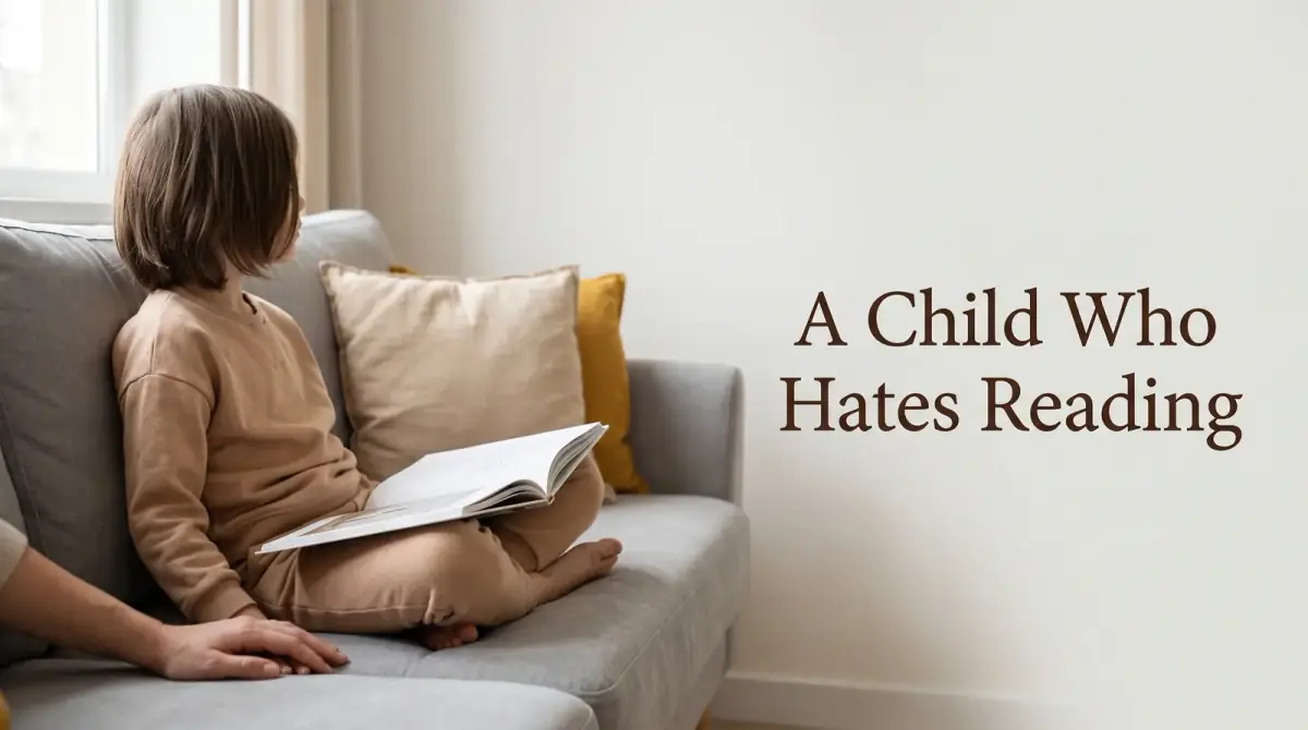 a young child sitting on a sofa with an open book