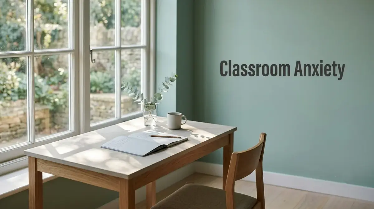 a calm classroom corner with a single desk beside a bright window