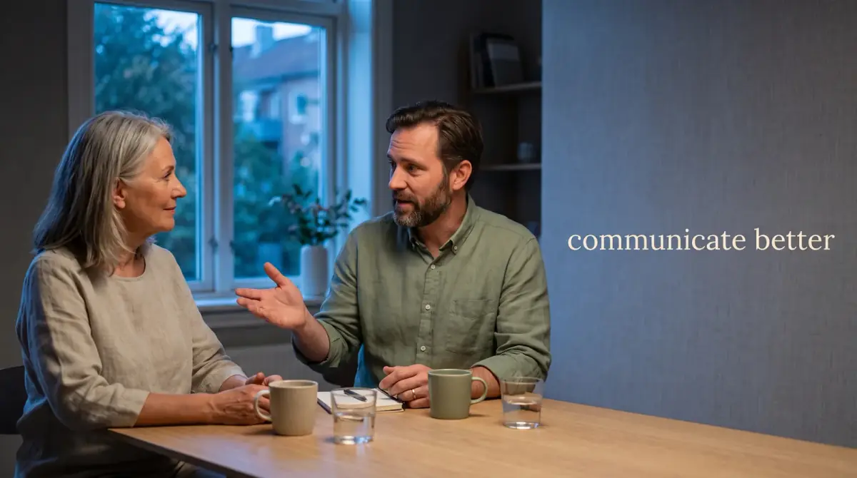 two people in attentive conversation across a table, one gesturing openly