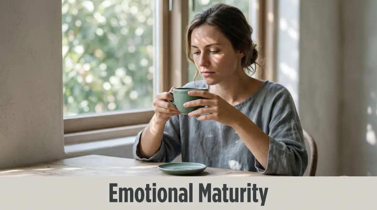 a person pausing thoughtfully with a cup by a window, calm and composed