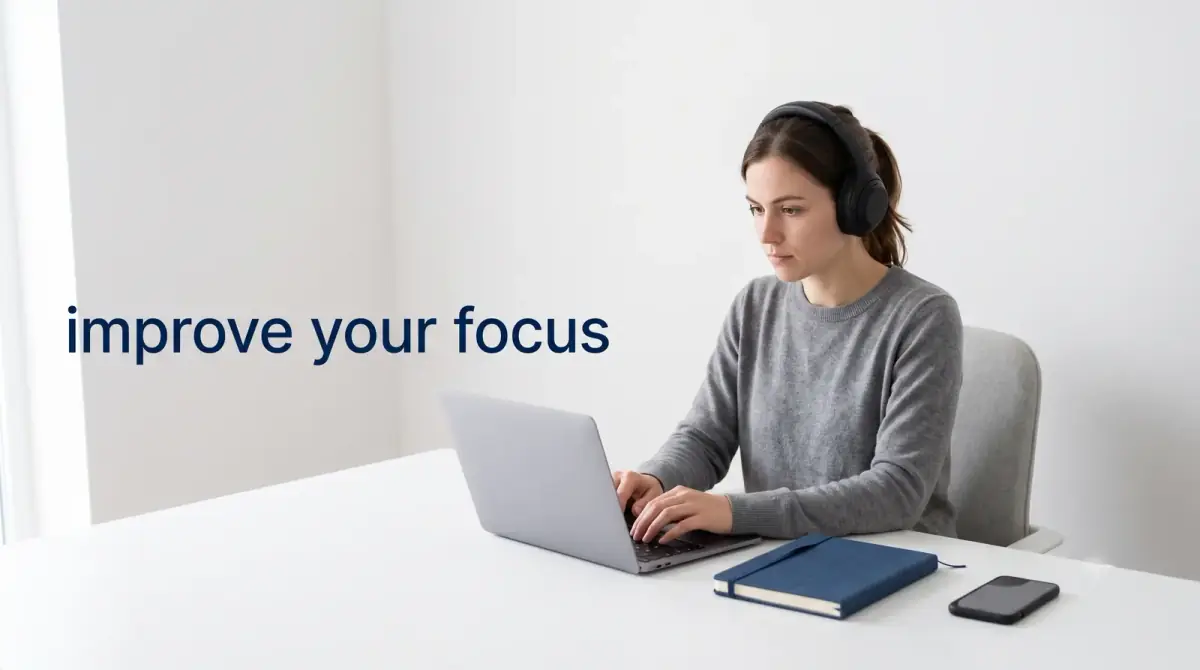 a woman wearing headphones working at a laptop at a clear white desk