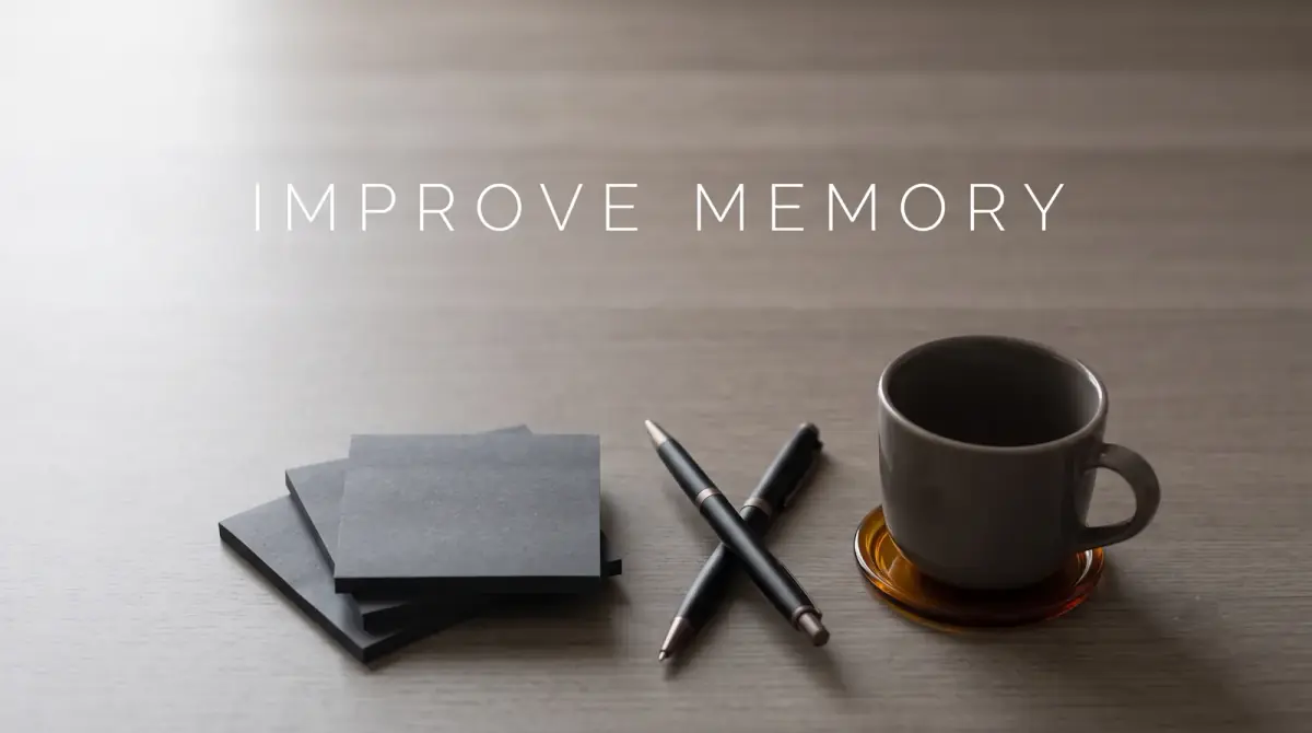 a tidy desk with a few sticky notes, a pen and a cup in morning light