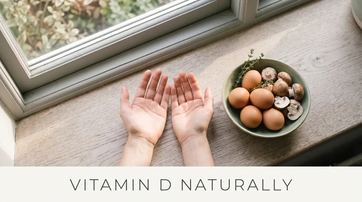 warm sunlight falling across a windowsill onto open hands beside a small bowl of eggs and mushrooms
