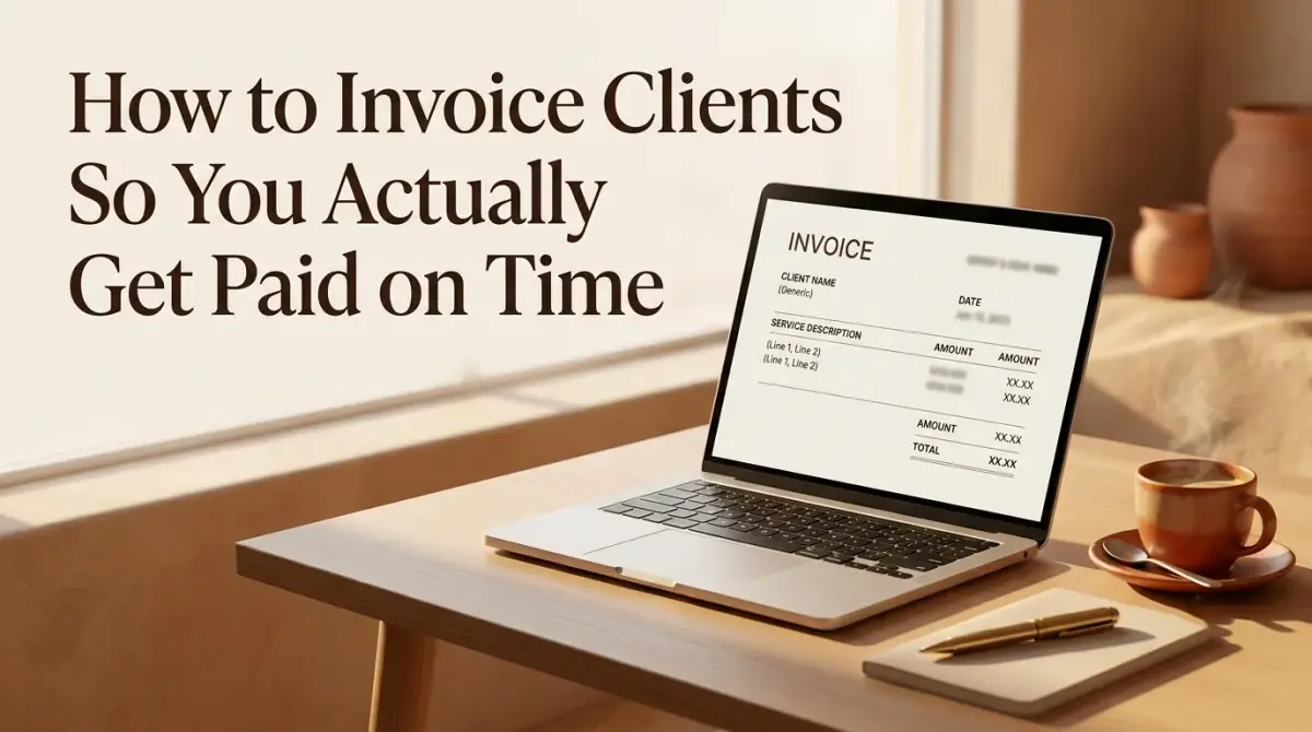 a laptop on a desk displaying a clean, simple invoice layout, a pen and a coffee beside it