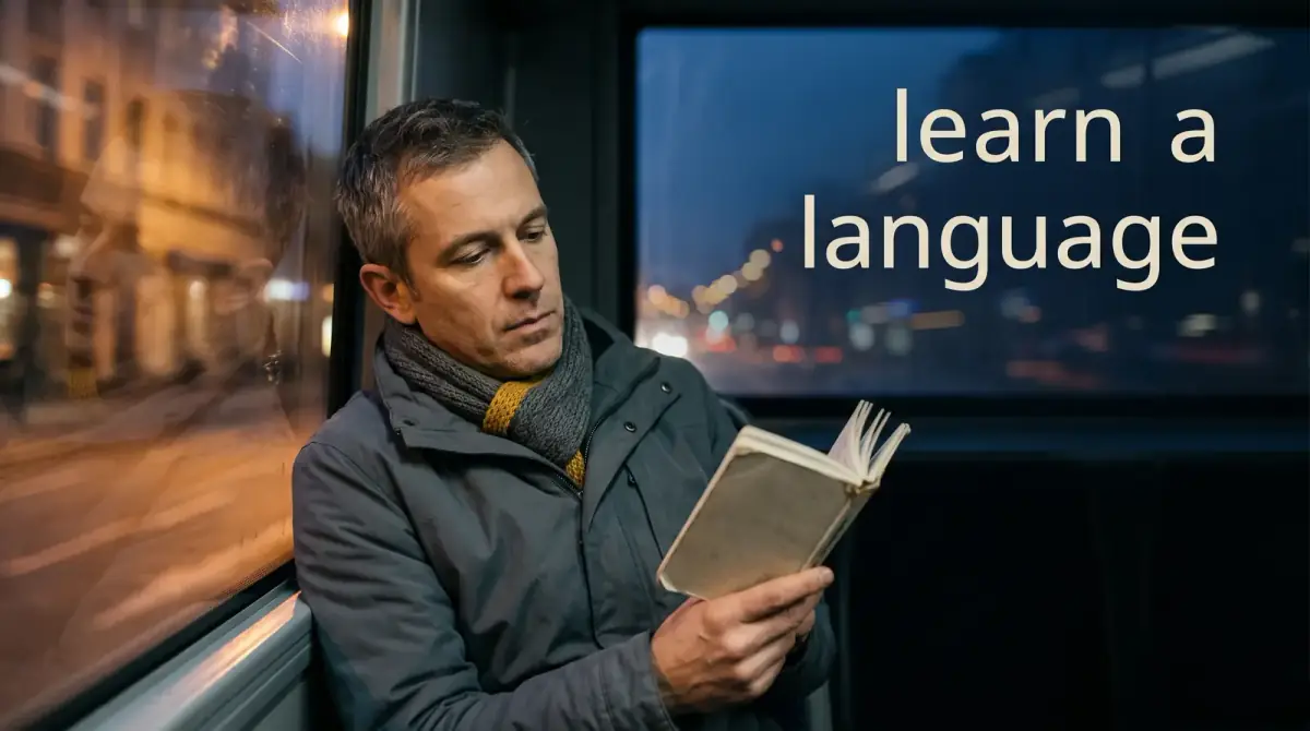 a man reading a book on a train at night with city lights beyond