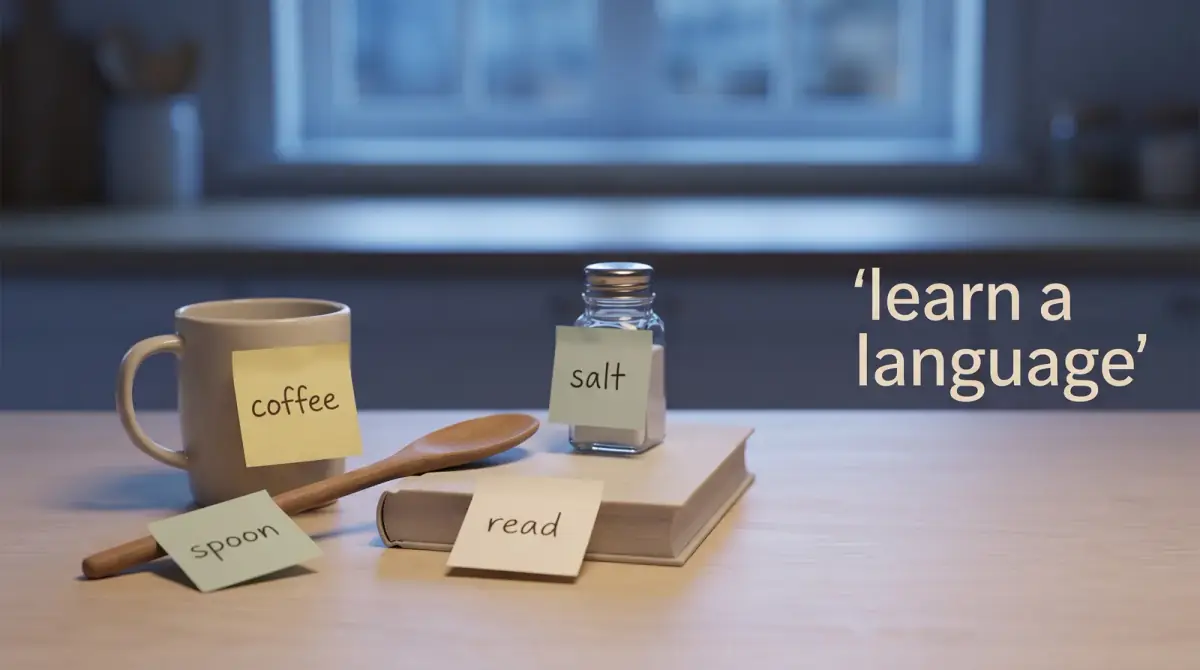 small sticky notes with single words attached to everyday household objects