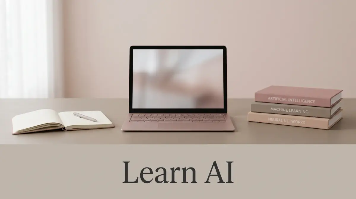 a laptop, an open notebook and a small stack of books on a bright desk