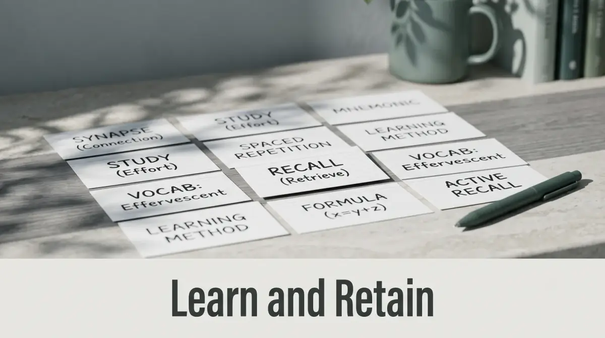 flashcards spread neatly on a table with a pen resting beside them