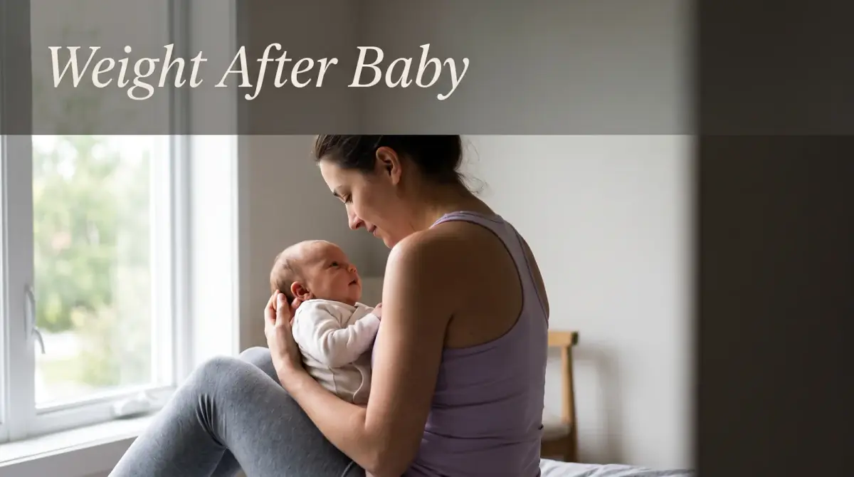 a mother in simple activewear gently holding a baby near a bright window, calm and undramatic