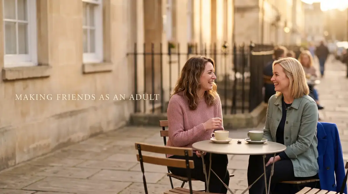 two women laughing over coffee at an outdoor street cafe