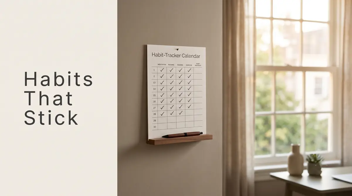 a wall habit-tracker calendar with neat check marks and a pen beside it