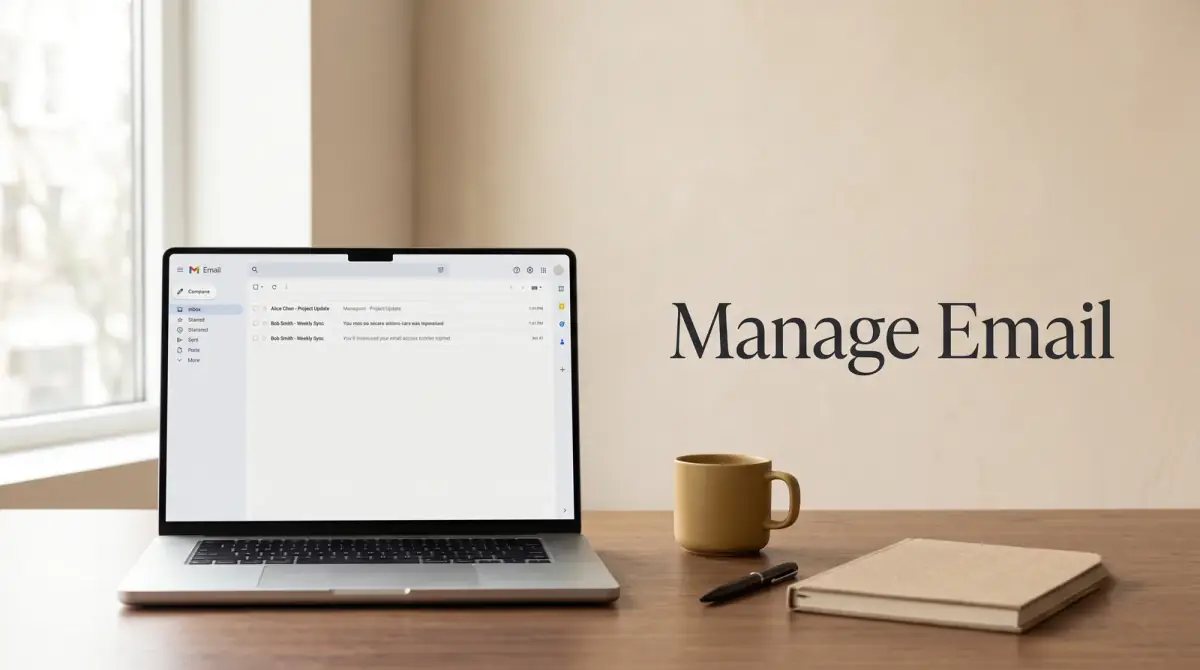 a laptop showing a tidy, nearly empty inbox layout on a clean desk