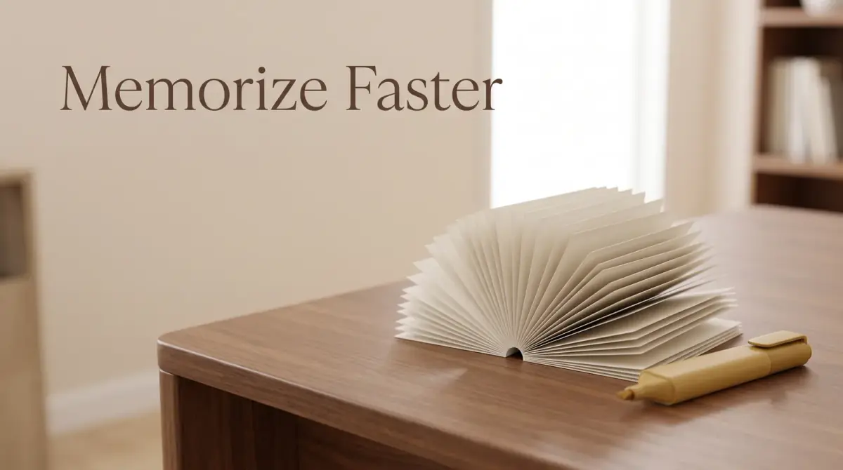 a set of flashcards fanned out beside a highlighter on a desk