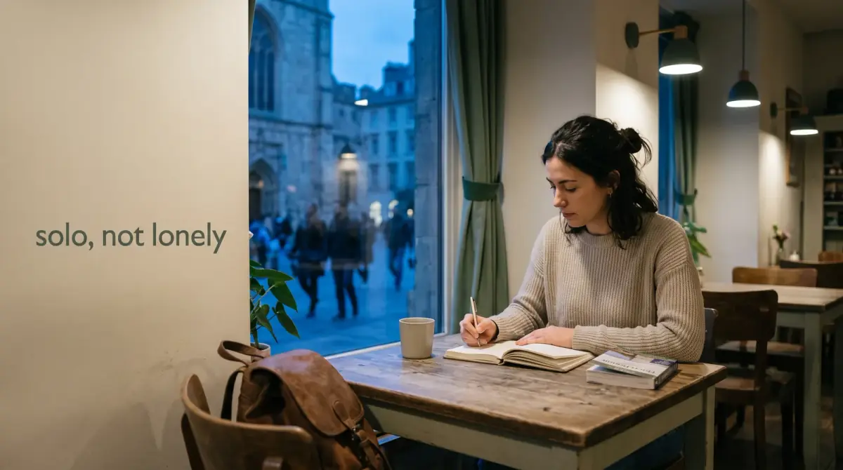 a solo traveler journaling at a cafe table by a window in a foreign city