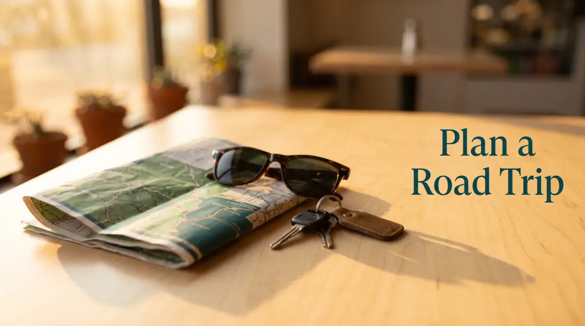 a folded road map, sunglasses and car keys arranged on a table