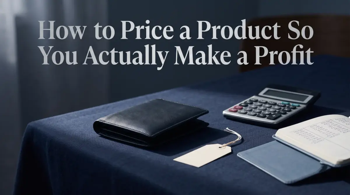 a single product on a table beside a calculator, a notebook of figures, and a small blank price tag