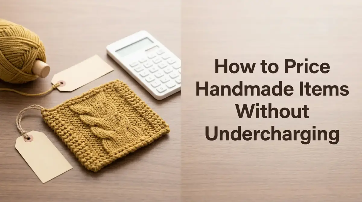a handmade knitted piece on a wooden table beside a ball of yarn, a blank price tag and a calculator