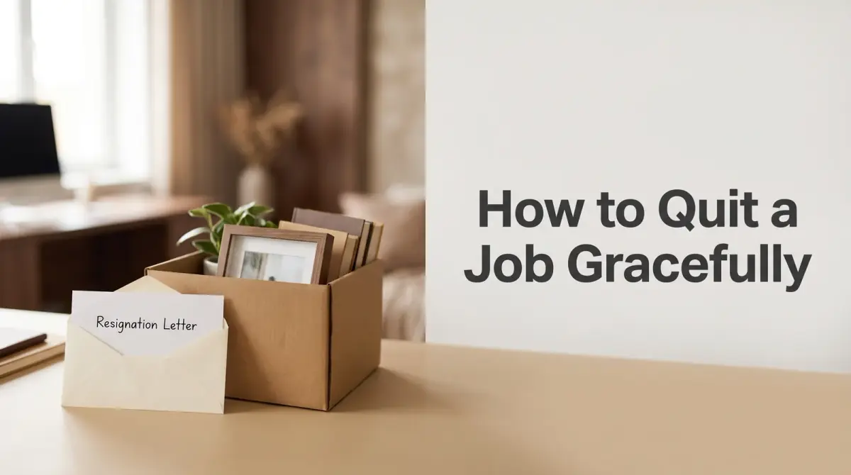 a tidy desk with a resignation letter in an envelope beside a small packed box of belongings