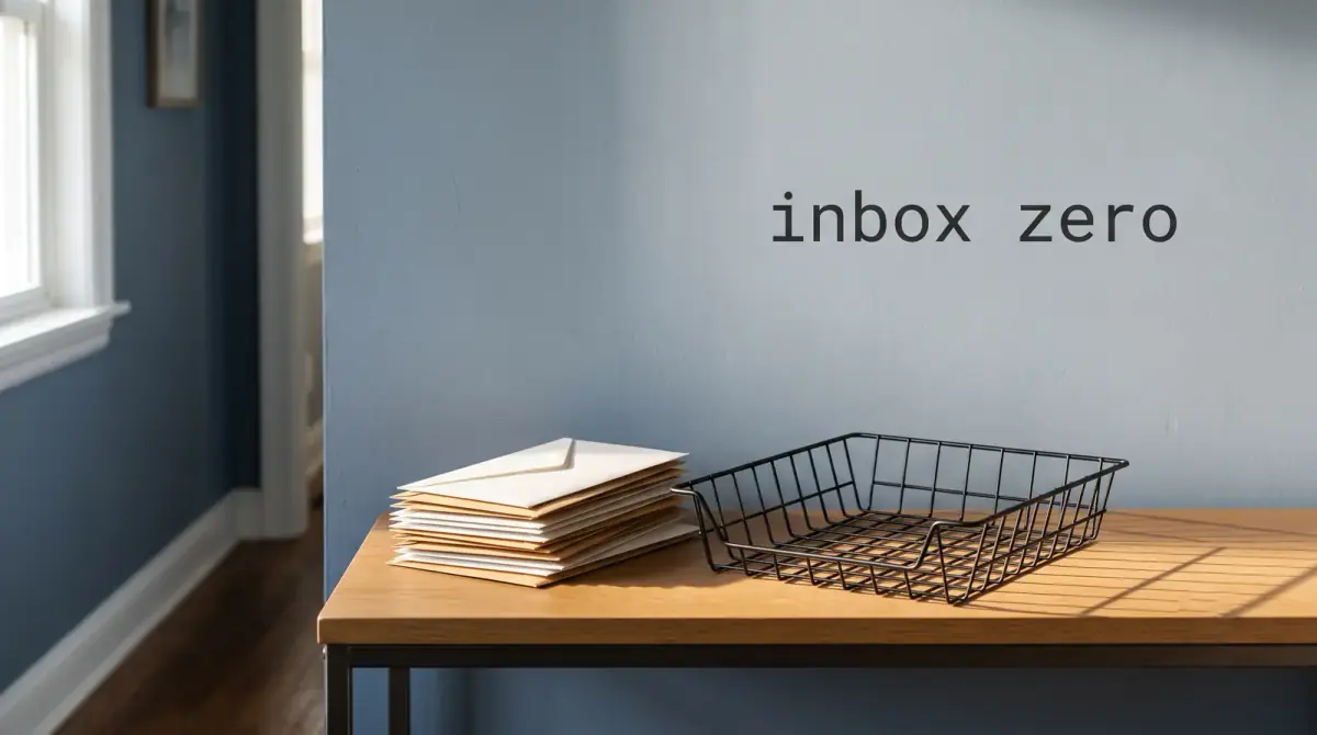 stacked envelopes and an empty wire tray on a desk