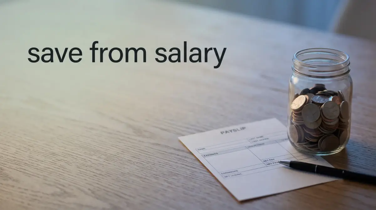 a glass jar of coins beside a plain payslip and a pen on a wooden table