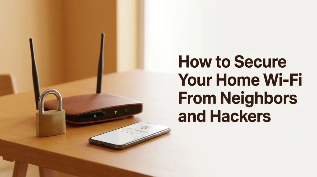a wifi router on a desk beside a padlock and a phone showing a wifi password screen
