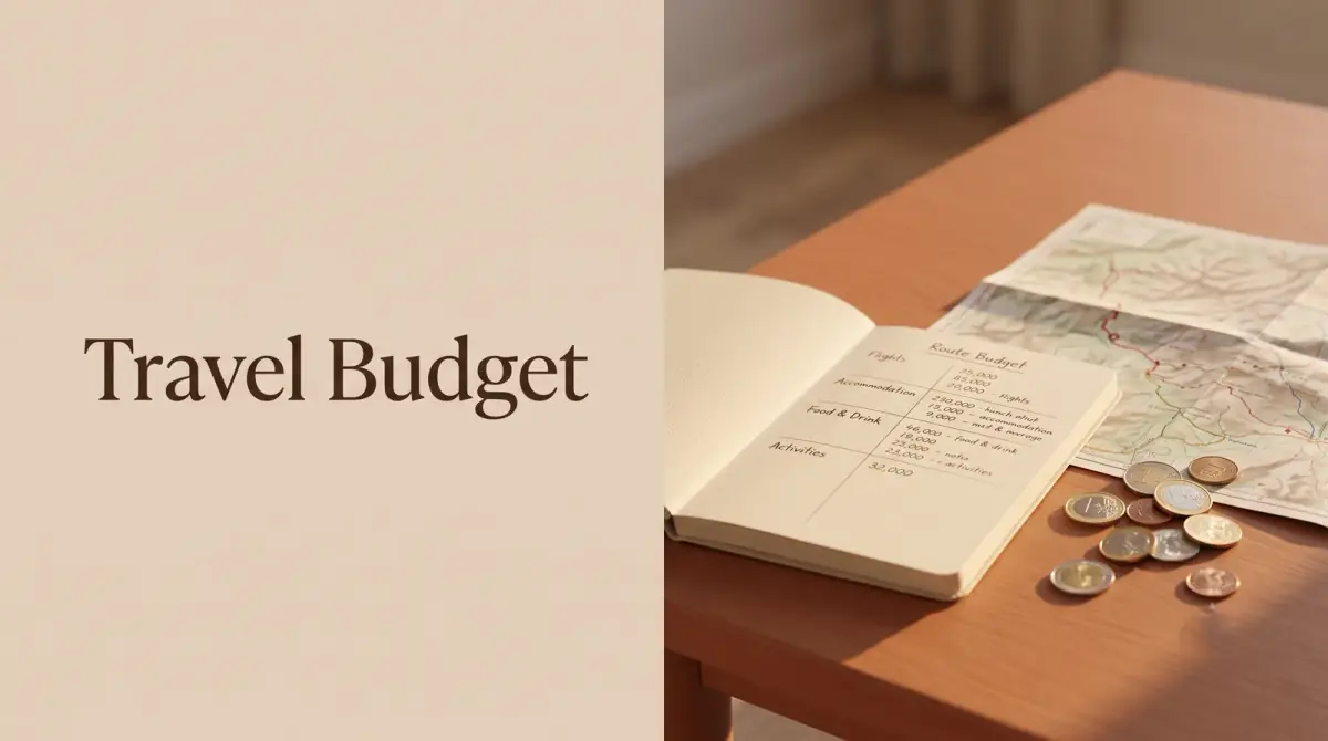 a notebook with a travel budget, a folded map and a few coins on a table