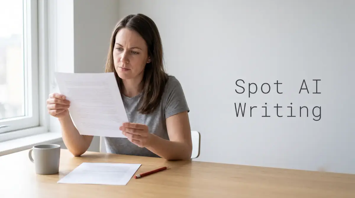 a woman at a desk reading a printed page critically