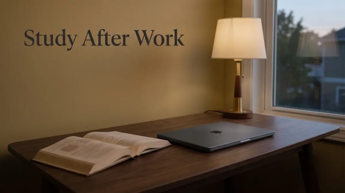 an evening desk with a lamp, a closed laptop and an open textbook